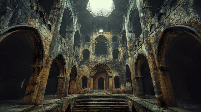 Ancient ruins with gothic architecture, showcasing haunting beauty and mystery