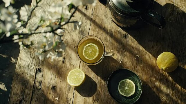 Sunlit table with tea, lemon slices, and blossoms