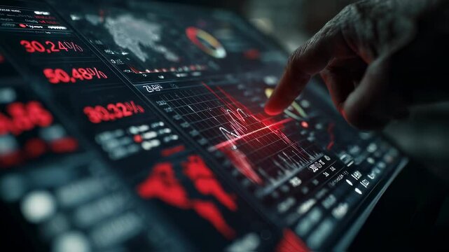 Businessman pointing at interactive screen displaying financial data, charts, and percentages, suggesting market analysis and investment decisions