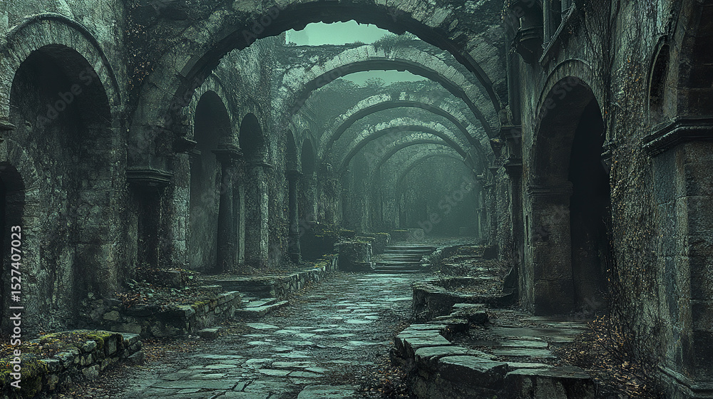 Poster ancient ruins with arches and stone pathways create mysterious atmosphere