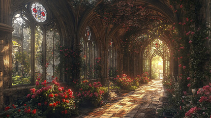 beautiful medieval corridor adorned with vibrant roses and stained glass windows, evoking serene