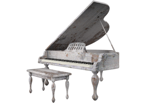 Highly detailed 3D rendering of a classic wooden grand piano with matching bench. Grunge white, weathered wood texture, curved legs, and open lid give it an elegant and vintage musical appearance.