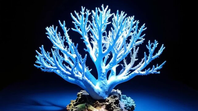 Illuminated blue coral decoration with branching structure and textured stone base on a dark background, aquarium theme, studio shot