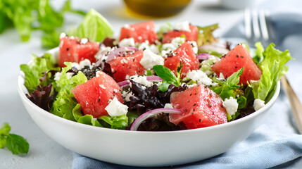 Fresh and Vibrant Salad with Crisp Mixed Greens and Juicy Watermelon Pieces