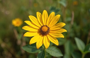Bright yellow sunflower, focus on petals. Wildflower in bloom, natural background. Botanical illustration. Summer flower in field, sunny weather, nature beauty, gardening.