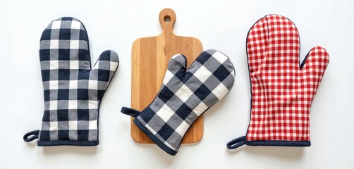 Obraz premium Wooden cutting board with three kitchen mitts with different patterns. Oven mitts have plaid design in blue and red colors. Kitchen accessories are isolated on white background. Top view composition.