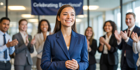 a woman in a suit standing in front of a group of people