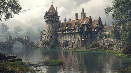 Obraz premium majestic medieval castle surrounded by serene water and lush greenery, evoking sense of wonder