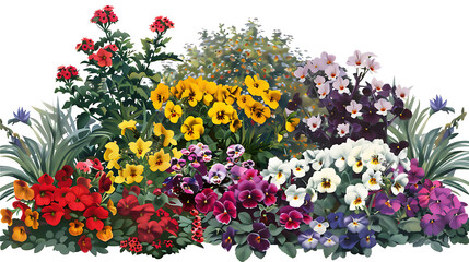 Obraz premium A colorful garden of pansies and other flowers isolated on white background showcases a vibrant display of floral beauty with red yellow white purple and orange hues