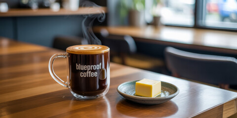 a cup of coffee and a piece of butter on a table