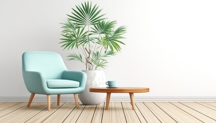 Teal armchair, potted plant, wooden coffee table in a bright room