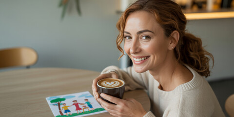 a woman sitting at a table with a cup of coffee