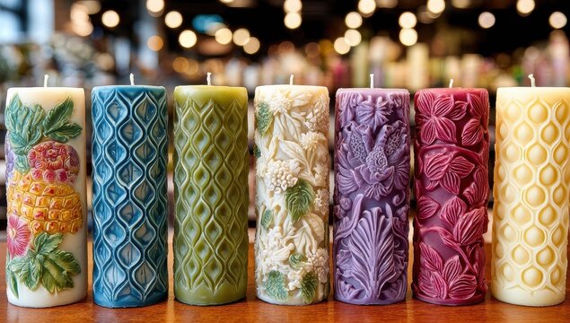 Hand-carved candles in various colors