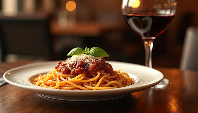 Spaghetti Bolognese on white plate with red wine glass on wooden table. Traditional italian pasta dinner meal with fresh basil, parmesan cheese. Culinary concept. - Powered by Adobe