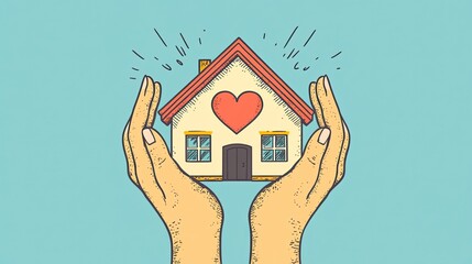 Hands holding a house with a heart icon vector.