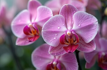 Close-up of pink orchids with water droplets. Delicate beauty of blooming floral. Freshness of a tropical flower with vibrant colours. Nature background with a blur.