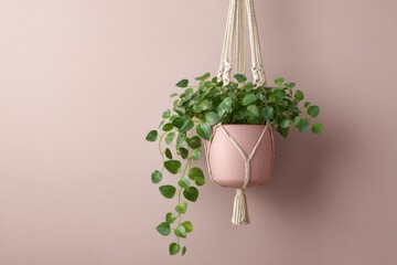 Hanging plant in pink pot on white background
