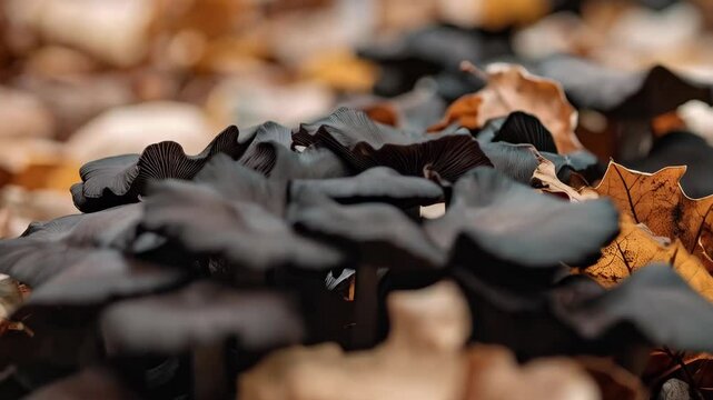 Close-up cluster of blackish mushrooms nestled amongst fallen autumn leaves on the forest floor in the fading light.
