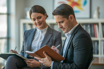 a man and woman sitting on a chair reading a book