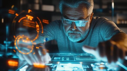 A Senior Scientist Engaged in High-Tech Research, Interacting with Interactive Holographic Displays and Advanced Digital Interfaces in a Modern Laboratory Environment