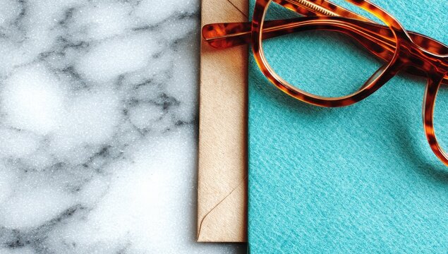 Teal envelope, glasses, marble surface - Powered by Adobe