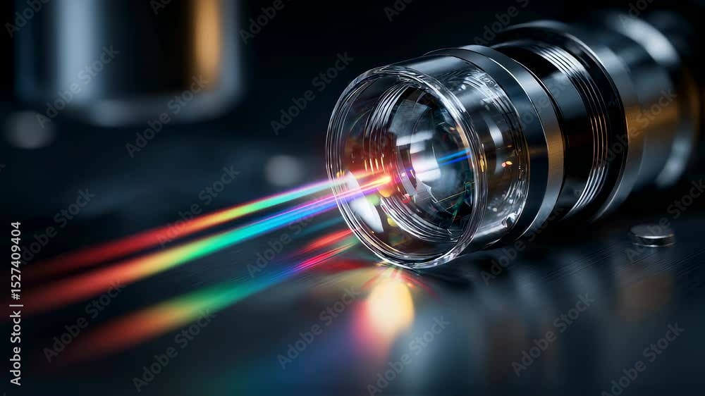 Poster light spectrum splitting through precision optical lens system, revealing intricate wavelength dispe