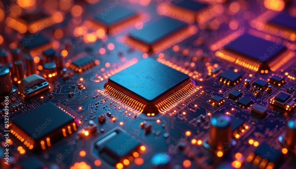 Poster close-up of tech circuit board with electronic components, connections. digital tech with microchips