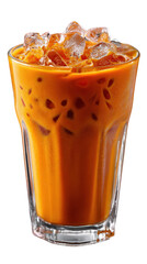 Refreshing iced thai tea drink in a glass with ice cubes close up studio shot delicious beverage orange color tasty summer refreshment tropical drink food cold cool on transparent background