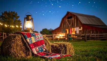 Rustic Red Barn at Night with Glowing Lantern and Quilt