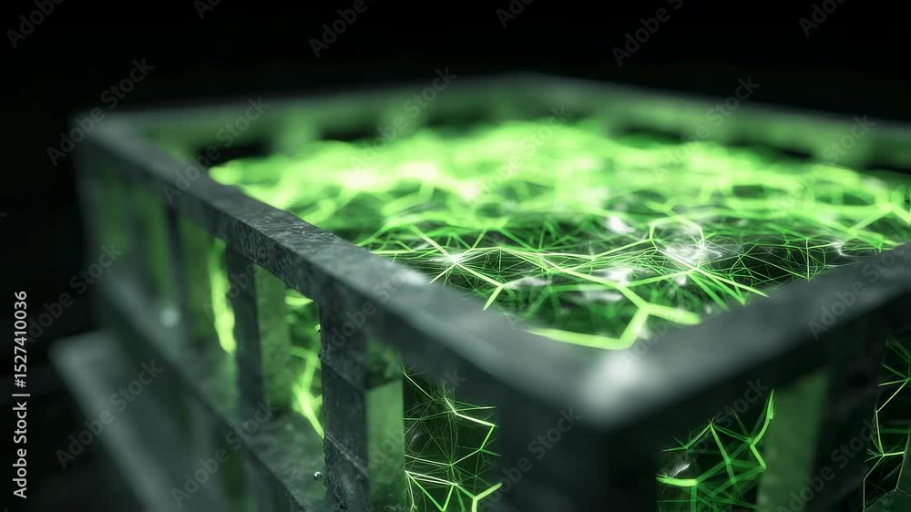 Poster green energy accumulating inside sleek metal container, generating mesmerizing luminescent display o