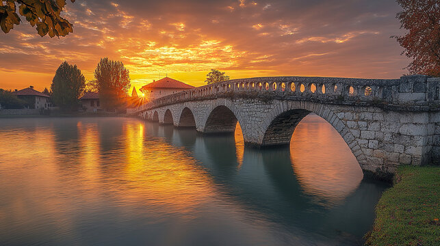 stunning medieval bridge with stone parapets spans calm river sunset, creating serene atmosphere