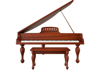 Highly detailed 3D rendering of a classic wooden grand piano with matching bench. Rich wood texture, curved legs, and open lid give it an elegant and vintage musical appearance.