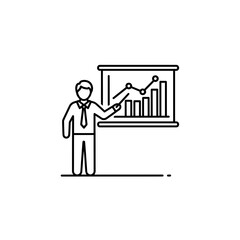 Professional Businessman Presenting Financial Data on Whiteboard: Line Art Vector Illustration for Business Concepts