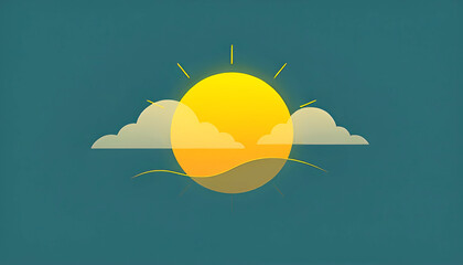 Minimalist illustration of a bright yellow sun with clouds on a teal background. A modern, abstract design representing sunrise or sunny weather in a clean and vibrant style