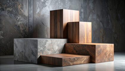 Showcase or display for products with square pedestal on a modern bright background. Concept of a copy space for product promotional exhibitions.