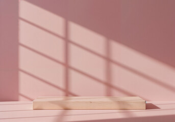 Wooden podium displays modern elegance with soft lighting against a pink colored wall perfect for product presentation