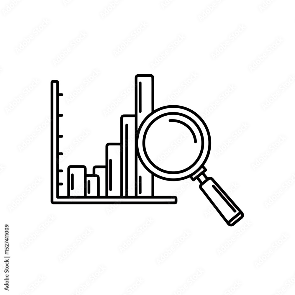 Poster analysis of business growth chart with magnifying glass in outline style - business data investigati