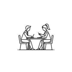 Professional Business Meeting Illustration: Man and Woman Discussing Strategy and Negotiating Terms in a Corporate Setting, Line Art Style