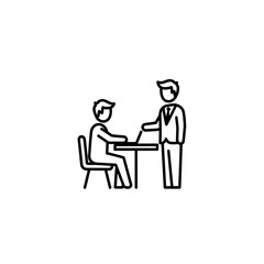 Business Meeting Line Icon, Two Businessmen Discussing Project on Laptop at Office Desk, Collaboration and Presentation Concept Vector Illustration