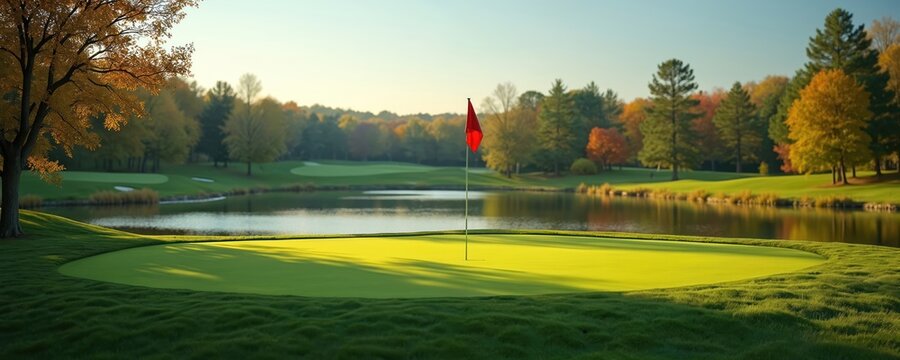 Green golf course, red flag, pond on background, trees. Golf sport game at nature. Outdoor activity on beautiful golf course with calm water. Autumn landscape scenery at vacation.