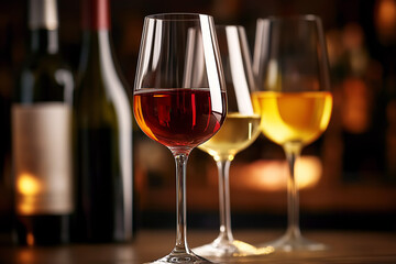Three Glasses Of Red White And Amber Wine