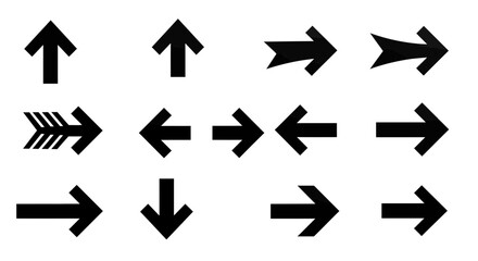 Diverse collection of black arrow designs isolated on white background for direction purposes