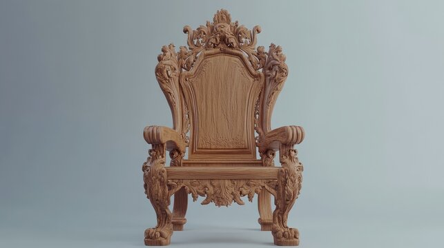 Minimal studio shot of elegant wooden chair with fine carvings, white backdrop
