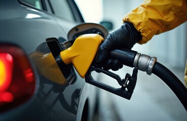 Black gloved hand holding fuel pump nozzle inserted into car fuel tank during refueling. Yellow gasoline pump. Auto service at filling station. Transportation concept.