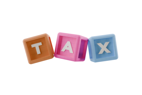 3d cubes spelling the word tax, transparent background
