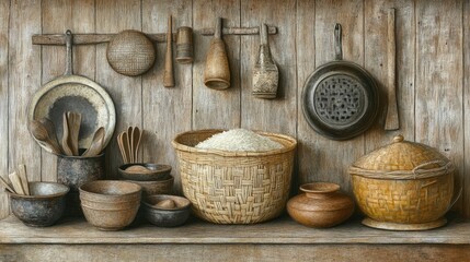 Rustic kitchen scene with sticky rice basket, clay bowls, and traditional cooking utensils on wood