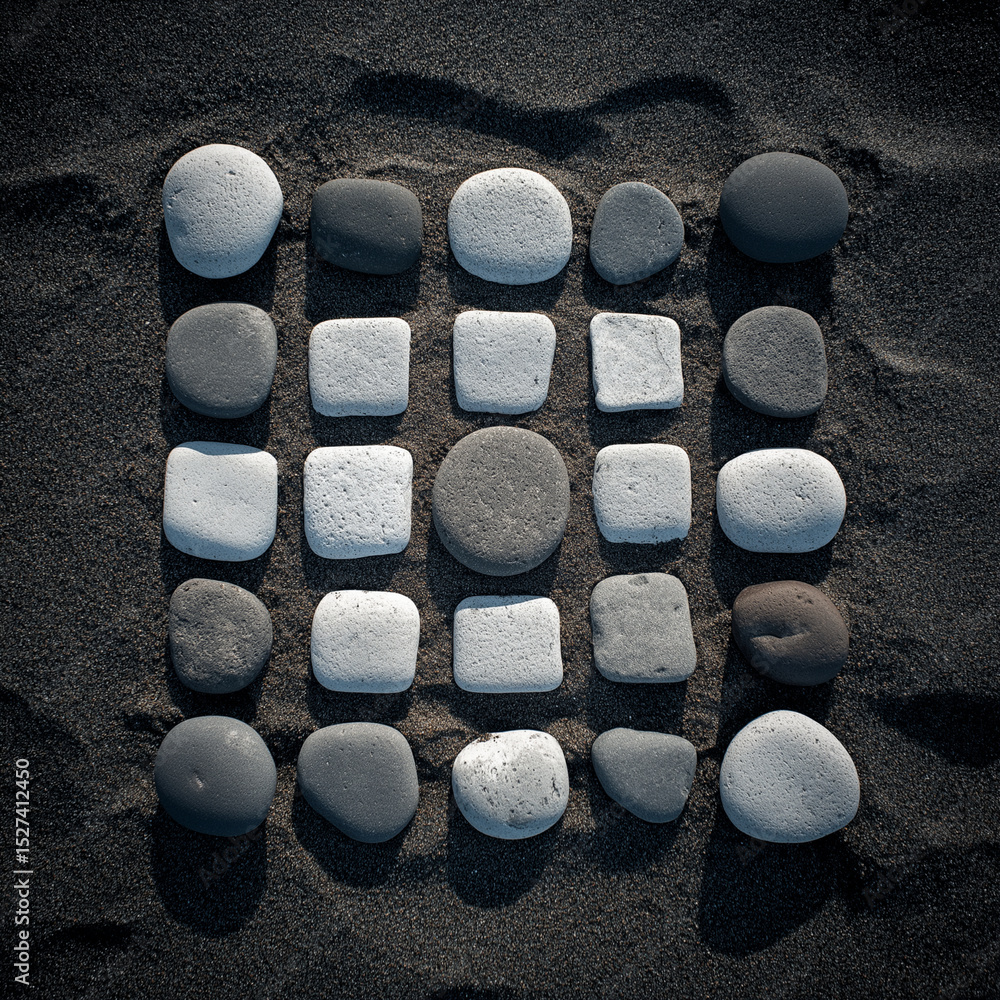 Poster arrangement of various shaped stones in a grid pattern on a bed of dark sand surface view from above