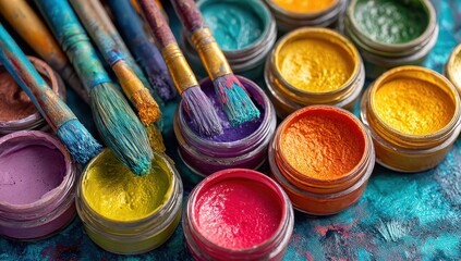 Colorful paint containers and brushes