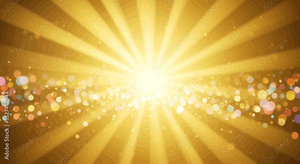 Poster golden burst abstract background with bokeh lights and sunlight rays effect