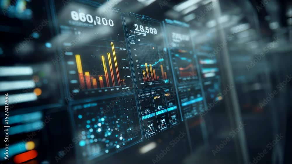 Poster multiple transparent digital screens display complex financial data, charts, and graphs, suggesting 